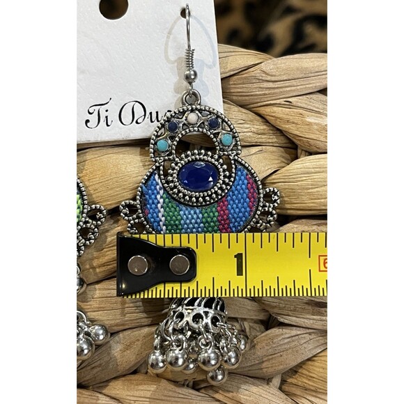 Oxidized Silver Jhumka Earrings W/ Fabric Inlay Ethnic Indian Dangle Earring - Picture 6 of 6